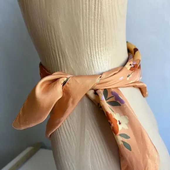 Vintage Silk? Floral Handmade Printed Scarf Orange White Yellow Square 24x24 - Picture 15 of 15